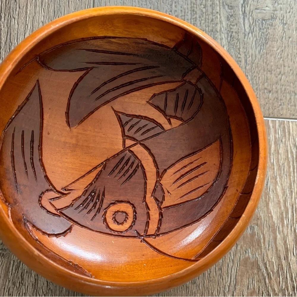 Handcrafted Wooden Bowl with Fish Design
